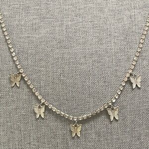 Vintage Silver Tone Necklace Rhinestone and Butterfly Charms